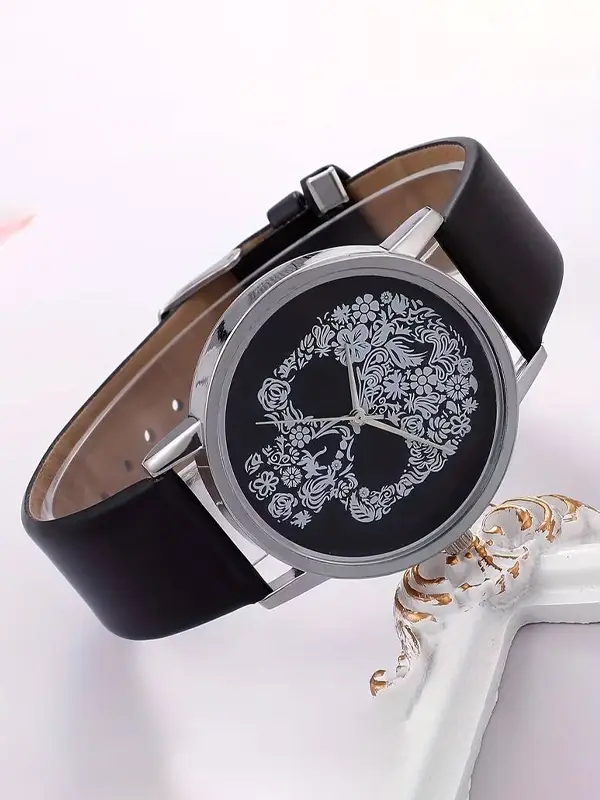 zegarek czaszka kwiaty skóra czarny
