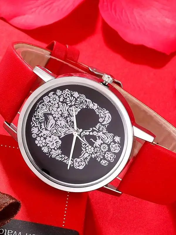 zegarek czaszka kwiaty skóra czerwony