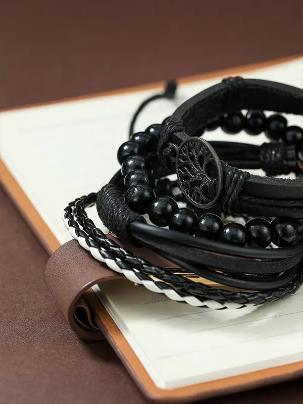 zestaw 4 sztiki plecione skórzane bransoletki